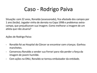 Caso - Rodrigo PaivaSituação: com 22 anos, Ronaldo (assessorado), fica afastado dos campos por 1 ano (lesão). Jogador vinha de derrota na Copa 1998 e problemas extra-campo, que prejudicaram sua imagem. Como melhorar a imagem de um atleta que não atuaria?Ações de Rodrigo Paiva:Ronaldo foi ao Hospital do Câncer se encontrar com crianças. Ganhou manchetes.