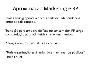 Aproximação Marketing e RPJames Grunig aponta a necessidade de independência entre os dois campos.Transição para uma era de foco no consumidor. RP surge como solução para administrar relacionamentos.A função do profissional de RP cresce."Toda organização está nadando em um mar de públicos” Philip Kotler