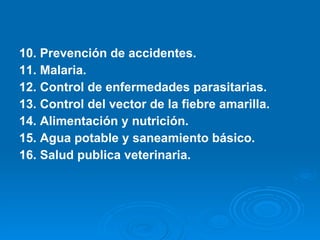 10. Prevención de accidentes. 11. Malaria. 12. Control de enfermedades parasitarias. 13. Control del vector de la fiebre amarilla. 14. Alimentación y nutrición. 15. Agua potable y saneamiento básico. 16. Salud publica veterinaria. 