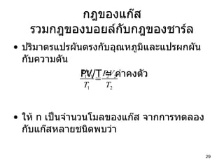 กฎของแก๊ส รวมกฎของบอยล์กับกฎของชาร์ล ปริมาตรแปรผันตรงกับอุณหภูมิและแปรผกผันกับความดัน PV/T =  ค่าคงตัว ให้  n  เป็นจำนวนโมลของแก๊ส จากการทดลองกับแก๊สหลายชนิดพบว่า 