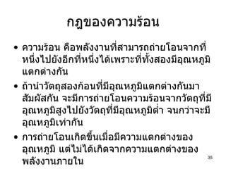 กฎของความร้อน ความร้อน คือพลังงานที่สามารถถ่ายโอนจากที่หนึ่งไปยังอีกที่หนึ่งได้เพราะที่ทั้งสองมีอุณหภูมิแตกต่างกัน ถ้านำวัตถุสองก้อนที่มีอุณหภูมิแตกต่างกันมาสัมผัสกัน จะมีการถ่ายโอนความร้อนจากวัตถุที่มีอุณหภูมิสูงไปยังวัตถุที่มีอุณหภูมิต่ำ จนกว่าจะมีอุณหภูมิเท่ากัน การถ่ายโอนเกิดขึ้นเมื่อมีความแตกต่างของอุณหภูมิ แต่ไม่ได้เกิดจากความแตกต่างของพลังงานภายใน 