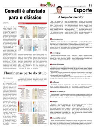 Criciúma, 02 de novembro de 2012 l Sexta-feira             11

   Comelli é afastado                                                                                                                                   Esporte           Bedeu Fernandes



    para o clássico                                                                                                 A força do torcedor
                                                                                                     Esse é um momento de          jogos em casa e nesse sá-        torcedor. Sua participação,
CRICIÚMA                                                                                          grande importância para          bado sua atuação na arqui-       devidamente uniformizado,
                                                                                                  a definição do time no bra-      bancada poderá ajudar e          pintando o majestoso de
                                                                                                  sileiro. A partida com cer-      muito, sendo decisivo para       amarelo, preto e branco,
   O técnico Paulo Comelli                                                                        teza será tensa dentro de        que os jogadores rendam o        empurrará definitivamente
poderá contar com o meio-                                                                         campo, com disputas de to-       máximo em busca de mais          os jogadores para marcar
campista Kleber, o atacante                                                                       das as formas na busca do        uma vitória em casa.             já na saída de jogo do JEC,
Lins e o zagueiro Ozéia para                                                                      resultado positivo.                O termômetro do jogo, e        tentando abrir o marcador
o clássico de amanhã, às                                                                             O torcedor do Criciúma        disso eu não tenho a menor       para se tranquilizar e ad-
16h20, no estádio Heriberto                                                                       tem mostrado sua força nos       dúvida, estará nas mãos do       ministrar a situação.
Hülse, contra o Joinville, pela
34ª rodada do Campeonato
Brasileiro da Série B. O Crici-
úma precisa vencer a partida                                                                      m passo a passo
para retomar a primeira colo-
cação e ficar muito próximo                                                                         O Criciúma, através do seu departamento de futebol, deve estar trabalhando a próxima
do acesso à elite do futebol                                                                      partida como um compromisso a mais no brasileiro da série B. O adversário, o Joinville, tem
brasileiro. A rodada ainda                                                                        suas razões para vir e tentar complicar a vida dos comandados do Paulo Comelli.
prevê a “decisão” entre São                                                                         Já o Criciúma, mais descansado, de uma campanha exemplar, invejável e uma das
Caetano e Atlético-PR.                                                                            melhores de um time da série B de todos os tempos, vai para o jogo reforçado pela
   A única ausência será a do                                                                     massa torcedora que certamente lotará o Heriberto Hulse.
técnico Paulo Comelli, que
apesar do efeito suspensivo
conseguido ontem no STJD,                                                                         m quem joga
terá que cumprir dois jogos       perávamos conseguir o efeito    meio-campista Kleber trei-
de punição. São exatamentes       suspensivo para os quatro       nou e foi confirmado para         Não há a menor necessidade de se espe-          nador será o mesmo, o de botar seu time
os dois mais importantes na       jogos. Ele deve ser julgado     jogar ao lado de Giovanni       cular os onze titulares que iniciarão o jogo.     para fazer gols e tentar ajustar o setor de-
reta final do Brasileiro com      novamente antes do final        Augusto. Depois de escalar      Sabemos que França estará fora, será um           fensivo para não permitir facilidades para
o Joinville e São Caetano.        da Série B, mas acreditamos     Rodrigo Tiui contra o Gua-      sério desfalque, mas, o pensamento do trei-       os jogadores do Joinville.
A multa de R$ 5 mil foi re-       que temos grandes chances       rani, Paulo Comelli preferiu
tirada. “O efeito suspensivo      de anular o julgamento e con-   dar oportunidade a Lins
parcial existe na Lei Pelé para   seguir a absolvição do Co-      para ser o companheiro de       m setor defensivo
condenações acima de duas         melli”, avalia o advogado do    Zé Carlos. O atacante mar-
partidas. Não ficamos muito       Criciúma, Rodrigo Sakai.        cou o gol da vitória contra        Desde o início do brasileiro o Criciúma tem mostrado uma verdadeira barreira no gol com seus
satisfeitos com a decisão, es-      Na tarde de ontem, o          o Guarani.                      dois goleiros, o Douglas Leite e depois o Michel Alves. Eles têm tido atuações de gala, impedindo
                                                                                                  o time de ser derrotado e possibilitando que seus colegas tenham mais tranquilidade para buscar


Fluminense perto do título
                                                                                                  os gols necessários.
                                                                                                     Dos outros seis jogadores, Eric tem mostrado competência, ajudado também na parte ofensiva,
                                                                                                  inclusive marcando gol. Os dois zagueiros, apesar de não terem demonstrado regularidade fize-
                                                                                                  ram o que podiam, dentro das suas limitações.
                                                                                                     Já Marlon, pra mim um dos melhores na posição no campeonato, sempre que tem proteção sua
RIO DE JANEIRO                      “A chance de Grêmio ou        uma chance em mil de um         confiança sobe e ele participa ativamente dos ataques além de contribuir com alguns gols.
                                  São Paulo serem campeões        deles levar o título”, expli-
                                  é de apenas 0,1%, isto é, há    cou Oswald de Souza.
   A cinco rodadas do fim                                                                         m volantes
do Campeonato Brasi-
leiro, o Fluminense está                                                                            Os volantes seguem os zagueiros de              sabe atuar como verdadeiro marcador e
cada vez mais perto de                                                                            perto. Até agora, apenas França, que              permitiu que o time subisse de produção
colocar as mãos na taça.                                                                          chegou bem depois, tem demonstrado que            conseguindo resultados importantes.
Depois de perder o con-
fronto com o Atlético-MG,
o Tricolor se recuperou na                                                                        m setor de armação
33ª rodada. Com a vitória
por 2 a 1 sobre o Coritiba                                                                          Dos meias, Kleber é incontestavelmente o motorzinho do time, defendendo, armando e fa-
e o empate do Galo por                                                                            zendo gols decisivos. Válber, que vinha se encaixando com o Kleber infelizmente se lesionou.
1 a 1 com o Flamengo, a                                                                           Giovanni Augusto, apesar de esforçado, não mostrou o suficiente para substituir o Válber.
equipe carioca chegou aos
72 pontos e, com oito de
vantagem sobre o vice-lí-                                                                         m ataque
der, viu suas chances de
título pularem de 90%                                                                               Sempre foi o melhor da competição. Seu          dos campos e só deve voltar em meados
para 97%, segundo cálcu-                                                                          artilheiro, Zé Carlos, o símbolo maior da         de 2013, uma pena.
los do matemático Oswald                                                                          confiança do torcedor, significa também             Sem ele, Paulo Comelli teve que buscar
de Souza. O time mineiro,                                                                         uma ameaça constante para os zagueiros            alternativas com Lins, Rodrigo Tiuí, Dou-
por outro lado, tinha 9%                                                                          e goleiros adversários. Lucca, seu compa-         glas e Gilmar. Nenhum deles deu conta
de chances ao fim da 32ª                                                                          nheiro até poucas rodadas atrás, infeliz-         do recado. O setor caiu de produção,
rodada e agora aparece                                                                            mente teve que parar precocemente sua             mas, não deixou de continuar fazendo
com apenas 2,9%.                                                                                  participação com uma lesão que o tirou            seus gols.
   Para Grêmio e São Pau-
lo, que têm 60 e 58 pontos
respectivamente, as espe-                                                                         m quadro favorável
ranças são ainda menores.
O matemático aponta o                                                                               Diante do momento dos dois no brasileiro, o Joinville está com a corda no pescoço,
Tricolor gaúcho com 0,07%                                                                         precisa vencer de qualquer maneira e isso pode possibilitar ao Criciúma uma jornada de
de chances e o paulista,                                                                          mais cautela, de fechamento dos espaços, principalmente do lateral direito Eduardo, o
com 0,03%.                                                                                        melhor da posição no campeonato e explorar como só ele sabe os contra ataques.
 