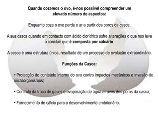 Quando abrimos um ovo e observamos o interior da sua casca podemos constatar a existência de duas membranas (uma mais interior e outra mais exterior).Estas membranas apresentam um aspecto fibroso (que pode ser confirmado por observação miscroscópica).A sua elasticidade é elevada, funcionando estas membranas como uma espécie de saco amniótico (comparando ao ser humano). Desempenham portanto função de protecção.