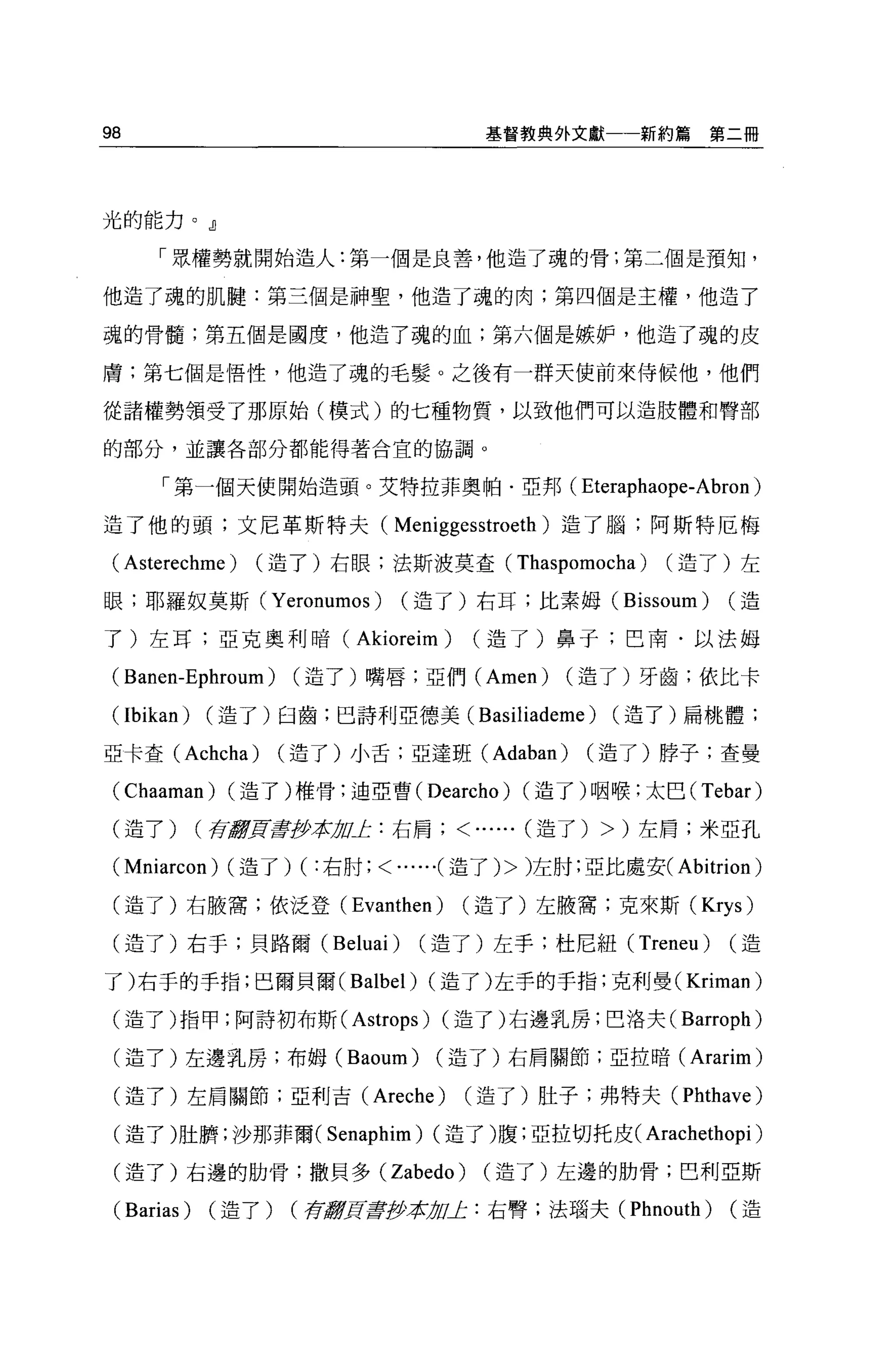 98                                          基督教典外文獻一一新約篇             第二冊




光的能力。』

      「眾權勢就開始造人:第一個是良善，他造了魂的骨;第二個是預知，

他造了魂的肌朧:第三個是神聖，他造了魂的肉;第四個是主權，他造了

魂的骨髓;第五個是國度，他造了魂的血;第六個是嫉妒，他造了魂的皮

膚:第七個是悟性，他造了魂的毛髮。之後有一群天使前來侍候他，他們

從諸權勢領受了那原始(模式)的七種物質，以致他們可以造肢體和臀部

的部分，並讓各部分都能得著合宜的協調。


      「第一個天使開始造頭。艾特拉菲奧帕﹒亞邦 (Eteraphaope-Abron)

造了他的頭;文尼革斯特夫(                     Meniggesstroeth )造了腦;阿斯特厄梅
 ( Asterechme )   (造了)右眼;法斯波莫查(                    Thaspomocha )   (造了)左

眼;耶羅奴莫斯(          Yeronumos )      (造了)右耳;比素姆 (Bissoum)               (造

了)左耳;亞克奧利暗(                 Akioreim)      (造了)鼻子;巴南﹒以法姆

 (Banen-Ephroum)      (造了)嘴唇;亞們 (Amen)                 (造了)牙齒;依比卡

 (Ibikan)   (造了)臼齒;巴詩利亞德美(                 Basiliademe)     (造了)扁桃體;

亞卡查 (Achch的(造了)小舌;亞達班 (Adaban)                            (造了)脖子;查曼

 (Chaaman)     (造了)椎骨:迪亞曹 (Dearcho) (造了)咽喉;太巴 (Tebar)

 (造了)       (存辭頁華主要求 u
                    1J 止:右肩;             <......   (造了) >)左肩;米亞孔

 ( Mniarcon)   (造了)   (   :右肘;   < .....-(造了)>     )左肘;亞比處安 (Abitrion)

 (造了)右服窩;依泛登(               Evanthen )   (造了)左服窩;克來斯 (Krys)

 (造了)右手;貝路爾 (Beluai)                (造了)左手;杜尼紐 (Treneu)               (造

了)右手的手指;巴爾貝爾 (Balbel) (造了)左手的于指;克利曼 (Kriman)

 (造了)指甲;阿詩初布斯 (Astrops) (造了)右邊乳房;巴洛夫 (Barroph)

 (造了)左邊乳房;布姆 (Baoum)                  (造了)右肩關節;亞拉暗 (Ararim)

 (造了)左肩關節;亞利吉 (Areche)                    (造了)肚子;弗特夫 (Phthave)

 (造了)肚擠;沙那菲爾(             Senaphim) (造了)腹;亞拉切托皮( Arachethopi )
 (造了)右邊的肋骨;撒貝多 (Zabedo)                     (造了)左邊的肋骨;巴利亞斯

 (Barias)   (造了)      (存癖頁章伊拉 o.J: : 右臀;法璃夫 (Phnouth)
                             1J                                       (造
 