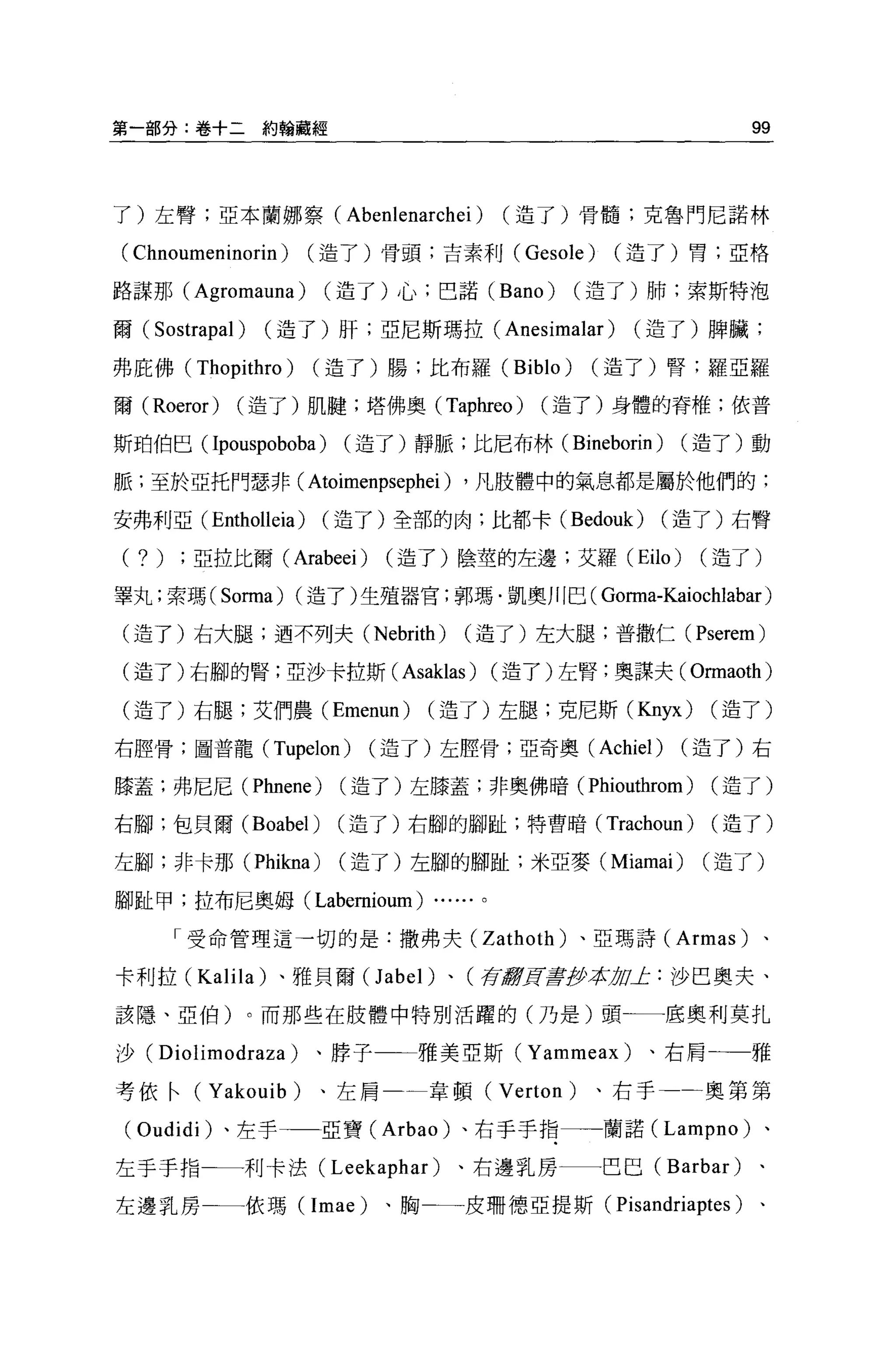 第一部分:卷+二           約串串藏經                                              99




了)左臀;亞本蘭娜察(                 Abenlenarchei )    (造了)骨髓;克魯門尼諾林

( Chnoumeninorin)      (造了)骨頭;吉素利 (Gesole)             (造了)胃;亞格

路謀那( Agromauna )        (造了)心;巴諾 (Bano)             (造了)肺;索斯特泡

爾(   Sostrapal )   (造了)肝;亞尼斯瑪拉( Anesimalar )                (造了)脾臟;

弗庇佛(      Thopithro)   (造了)腸;比布羅 (Biblo)              (造了)腎;羅亞羅

爾 (Roeror)     (造了)肌體;塔佛奧 (Taphreo)               (造了)身體的脊椎;依普

斯珀伯巴( Ipouspoboba)         (造了)靜脈;比尼布林( Bineborin )           (造了)動

脈;至於亞托門瑟非( Atoimenpsephei) ，凡肢體中的氣息都是屬於他們的:

安弗利亞( Entholleia)      (造了)全部的肉;比都卡 (Bedouk)                 (造了)右臀

(?   )亞拉比爾 (Arabeei)            (造了)陰莖的左邊;艾羅 (Eilo)              (造了)

罩丸;索瑪 (Sorma) (造了)生殖器官;郭瑪﹒凱奧川巴(                       Gorma-Kaiochlabar )
(造了)右大腿;迺不列夫 (Nebrith)                   (造了)左大腿;普撒仁(           Pserem)
(造了)右腳的腎;亞沙卡拉斯 (Asaklas)                       (造了)左腎;奧謀夫( Ormaoth)

(造了)右腿;艾們農 (Emenun)                  (造了)左腿;克尼斯(Knyx)             (造了)

右腔骨;圖普龍 (Tupelon)             (造了)左腔骨;亞奇奧 (Achiel)            (造了)右

膝蓋;弗尼尼 (Phnene)            (造了)左膝蓋;非奧佛暗 (Phiouthrom)              (造了)

右腳;包貝爾 (Boabel)            (造了)右腳的腳趾;特曹暗( Trachoun )              (造了)

左腳;非卡那 (Phikna)            (造了)左腳的腳趾;米亞麥 (Miamai)                (造了)

腳趾甲;拉布尼奧姆(             Labemioum)    ......。

       「受命管理這一切的是:撒弗夫 (Zathoth) 、亞瑪詩 (Armas)                            、

卡利拉 (Kalila) 、雅貝爾 (Jabel) 、(育最會頁車至少平tÞoJ: : 沙巴奧夫、

該隱、亞伯)。而那些在肢體中特別活躍的(乃是)頭一一底奧利莫扎

沙(   Diolimodraza )、脖子一一雅美亞斯                    (Yammeax)   、右肩一一一雅

考依←( Yakouib )、左肩一一韋頓 (Verton)                        、右手     ←奧第第

 (Oudidi) 、左手一一一亞寶 (Arbao) 、右手手指                      蘭諾 (Lampno) 、

左手于指一一利卡法(                 Leekaphar )、右邊乳房一一巴巴 (Barbar)
左邊乳房一一一依瑪 (Imae)                、胸一一皮珊德亞提斯(            Pisandriaptes )、
 