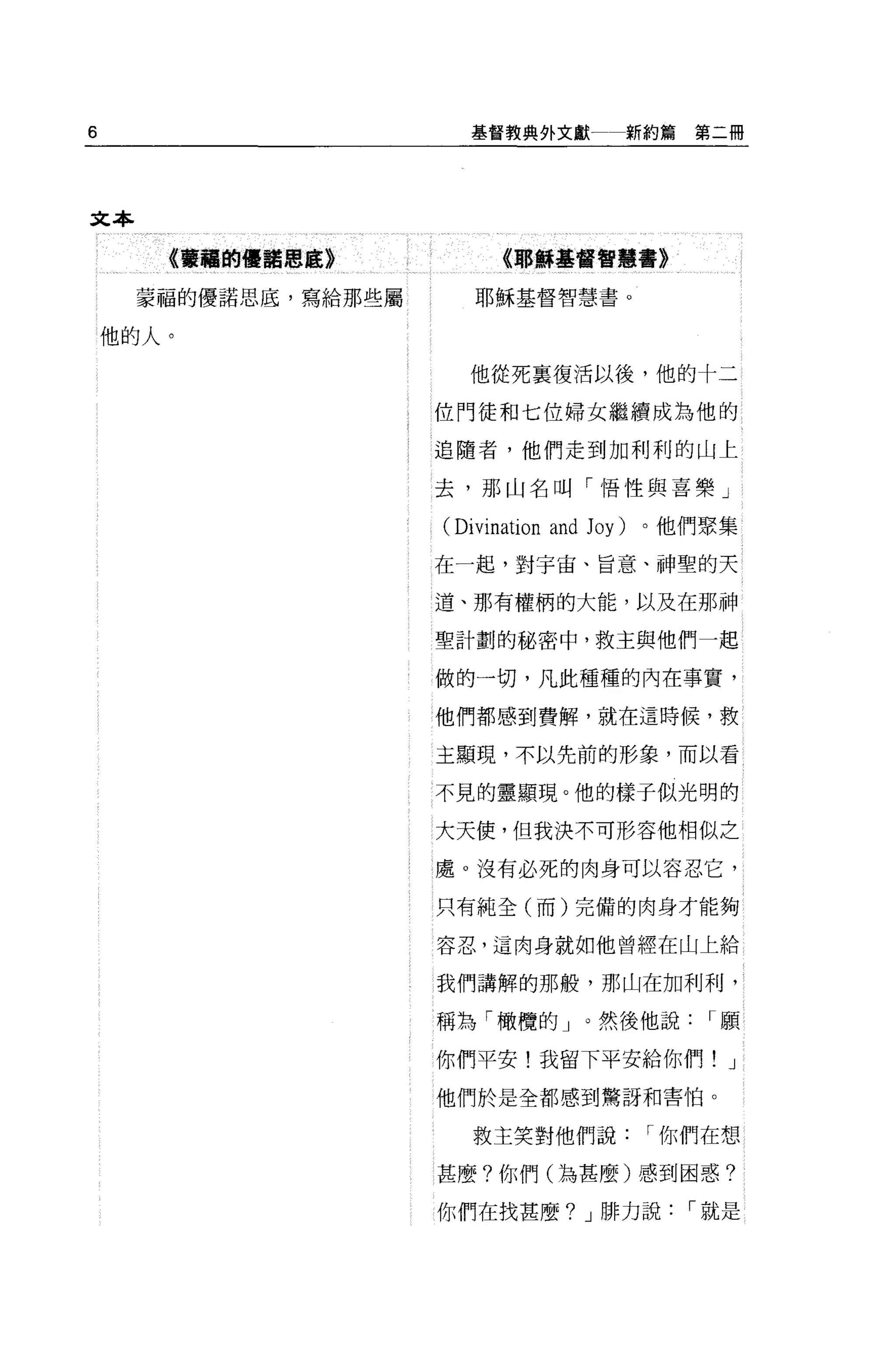6                       基督教典外文獻一新約篇第二冊




文本

       《黨囂的種話題底》           《車轉基督智慧書》

     蒙福的優諾思底，寫給那些屬      耶穌基督智慧書。


    他的人。
                        他從死稟復活以後，他的十二

                     位門徒和七位婦女繼續成為他的

                     追隨者，他們走到加利利的山上

                     去，那山名叫「悟性與喜樂」

                     (Divination and   Joy)   。他們聚集

                     在一起，對宇宙、旨意、神聖的天

                     道、那有權柄的大能，以及在那神

                     聖計劃的秘密中，救主與他們一起

                     做的一切，凡此種種的內在事實，

                     他們都感到費解，就在這時候，救

                     主顯現，不以先前的形象，而以看

                     不見的靈顯現。他的樣子似光明的

                     大天使，但我決不可形容他相似之

                     處 o 沒有必死的肉身可以容忍它，

                     只有純全(而)完備的肉身才能夠

                     容忍，這肉身就如他曾經在山上給


                     我們講解的那般，那山在加利利，

                     稱為「橄欖的」。然後他說                 I願

                     你們平安!我留下平安給你們! J
                     他們於是全都感到驚訝和害怕。

                        救主笑對他們說               I 你們在想

                     甚麼?你們(為甚麼)感到困惑?

                     你們在找甚麼? J 排力說              I 就是
 