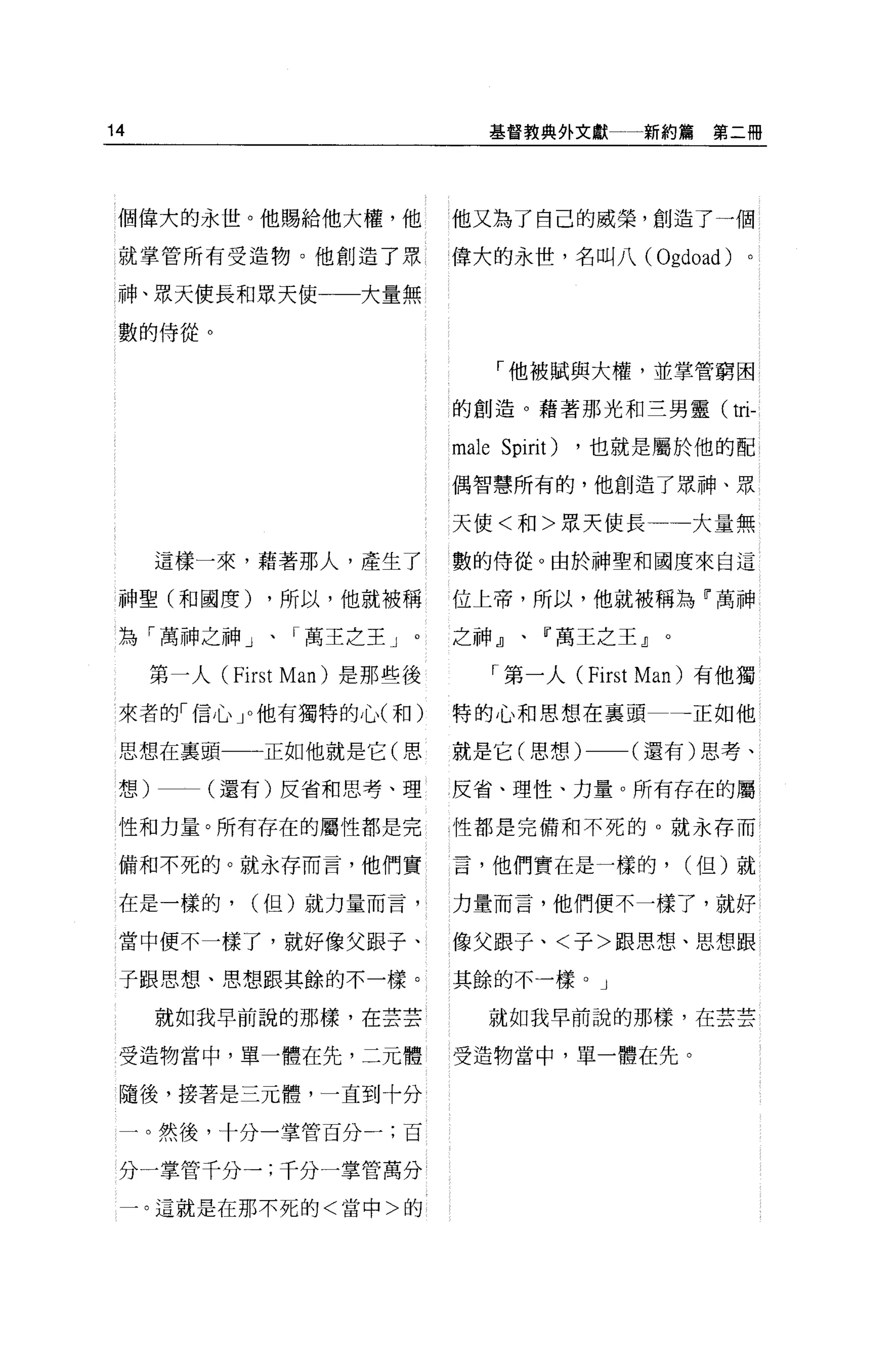 14                              基督教典外文獻一一新約篇     第二冊




 個偉大的永世。他賜給他大權，他            他又為了自己的威榮，創造了一個

 就掌管所有受造物。他創造了眾             偉大的永世，名叫八( ügdoad) 。

 神、眾天使長和眾天使         大量無

 數的侍從。

                                 「他被賦與大權，並掌管窮困

                            的創造。藉著那光和三男靈(         tri-
                            male Spirit)   ，也就是屬於他的配

                            偶智慧所有的，他創造了眾神、眾

                            天使<和>眾天使長           大量無

     這樣一來，藉著那人，產生了          數的侍從。由於神聖和國度來自這

 神聖(和國度)     ，所以，他就被稱       位上帝，所以，他就被稱為 r 萬神

 為「萬神之神」、「萬王之王」。            之神』、『萬王之王』。

     第一人 (First Man) 是那些後       「第一人 (First Man) 有他獨

 來者的「信心」。他有獨特的心(和)          特的心和思想在襄頭          一正如他

 思想在襄頭一一正如他就是它(思            就是它(思想)一一(還有)思考、

 想)-(還有)反省和思考、理             反省、理性、力量。所有存在的屬

 性和力量。所有存在的屬性都是完            性都是完備和不死的。就永存而

 備和不死的。就永存而言，他們實            言，他們實在是一樣的，         (但)就

 在是一樣的，     (但)就力量而言，       力量而言，他們便不一樣了，就好

 當中便不一樣了，就好像父跟子、            像父跟子、<子>跟思想、思想跟

 于跟思想、思想跟其餘的不一樣。            其餘的不一樣。」

     就如我早前說的那樣，在芸芸              就如我早前說的那樣，在芸芸

 受造物當中，單一體在先，二元體            受造物當中，單一體在先。

 隨後，接著是三元體，一直到十分

 一。然後，十分一掌管百分一;百

 分一掌管千分一;千分一掌管萬分

 一。這就是在那不死的<當中>的
 