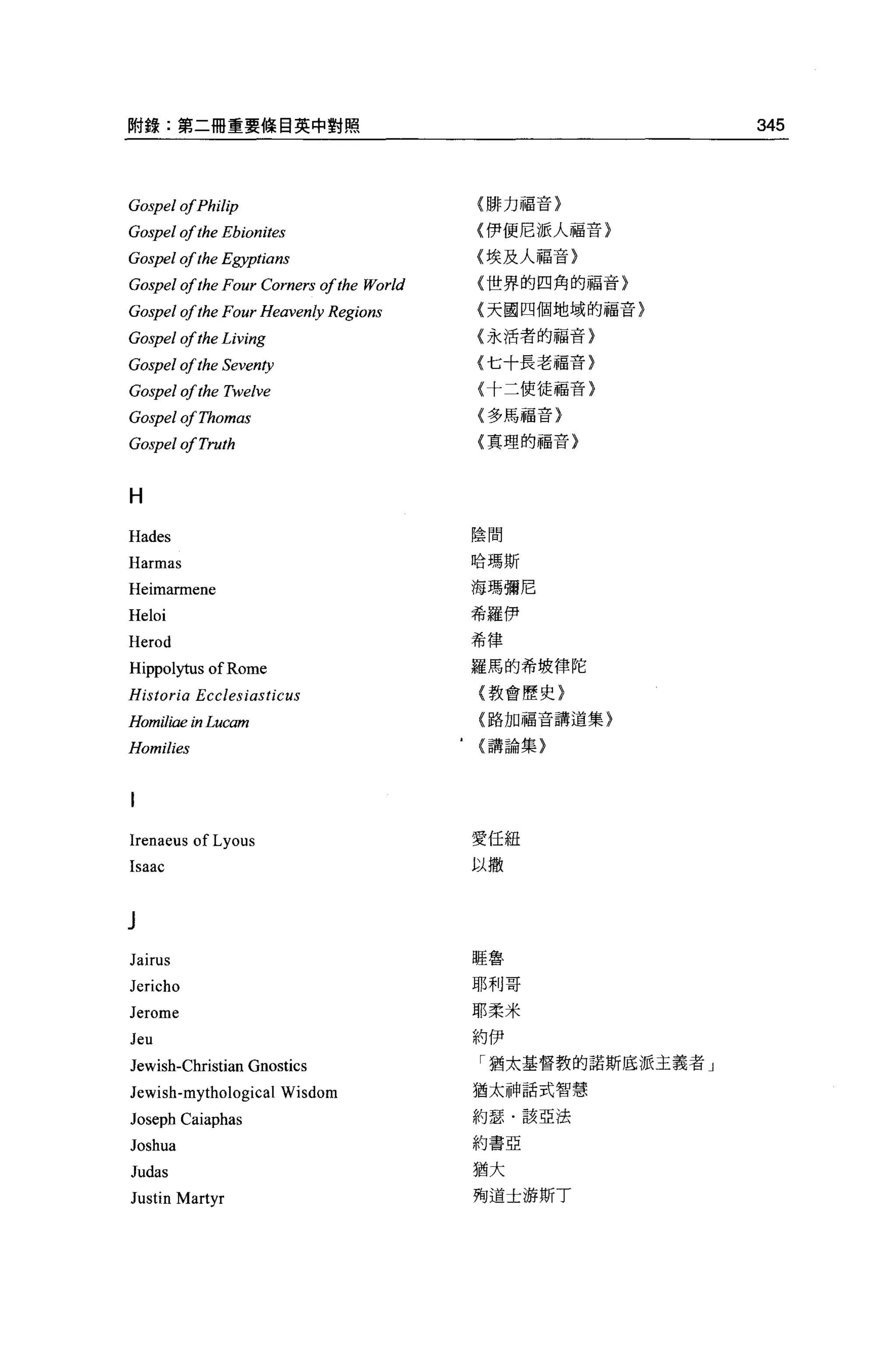關錄:第二冊重要條自英中對贖                                            345



Gospel ofPhilip                         {勝力福音}

Gospel of the Ebionites                 {伊便尼派人福音}

Gospel ofthe Egyptians                  {埃及人福音)

Gospel ofthe Four Corners ofthe World   {世界的四角的福音}

Gospel ofthe Four Heavenly Regions      (天國四個地域的福音)
                                        (永活者的福音}
Gospel of the Living
Gospe/ of the Seven秒                    {七十長老福音}

Gospel of the Twelve                    {十二使徒福音〉

Gospelof Th omas                        {多馬福音}

GospelofTruth                           {真理的福音}




H
Hades                                   陰間

Harmas                                  哈瑪斯

Heimarmene                              海瑪彌尼
Heloi                                   希羅伊

                                        希律
Herod
Hippolytus ofRome                       羅馬的希坡律陀

Historia Ecclesiasticus                 (教會歷史}

Homiliae in Luca/η                      (路加福音講道集}

Homilies                                (講論集}




Irenaeus of Lyous                       愛任紐

Isaac                                   以撒




Jairus                                  蛙魯、

Jericho                                 耶利哥

Jerome                                  耶柔米

Jeu                                     約伊

Jewish-Christian Gnostics               「猶太基督教的諾斯底派主義者」

                                        猶太神話式智慧
Jewish-mythological Wisdom
                                        約瑟﹒該亞法
Joseph Caiaphas
                                        約書亞
Joshua
Judas                                   猶大

Justin Martyr                           殉道士游斯丁
 