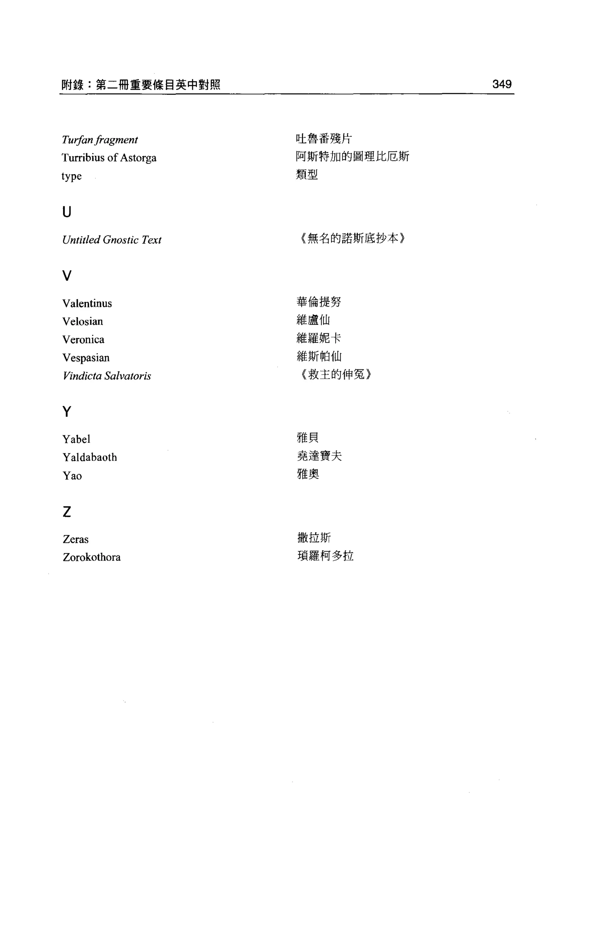 間錄:第二冊重要條自英中對照                       349



Turfanj均Igment          吐魯番殘片

Turribius of Astorga    阿斯特加的圖理比厄斯

type                    類型




U
Untitled Gnostic Text   (無名的諾斯底抄本}



V
Valentinus              華倫提努

Velosian                維盧仙

Veronica                維羅妮卡

Vespasian               維斯帕仙

的ndicta    Salvatoris   {救主的伸冤}



Y
Yabel                   雅貝

Yaldabaoth              堯達寶夫

Yao                     雅奧



Z
Zeras                   撒拉斯

Zorokothora             瑣羅柯多拉
 