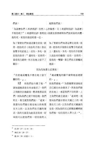 第二部分:卷二使徒書信                                                159




 們說:                                 他對我們說:


 「為甚麼你們(再{f!fjjglf : 仍然)心存疑惑，又(撐謂反正佇訝:為甚麼)

不相信呢?          43   (韓1JljJiiJ;位軍:要相信)我就是那曾經與你們談到我的肉體、

我的死，和我的復活的那一位。


     為了要使你們知道這實在是我，彼                 為了要使你們知道這實在是我，值

     得，把你的于(和你的手指)放在                 得，把你的于指放在我雙于的釘痕

     我雙手的釘痕上;而你，多馬，放                 上;還有你，多馬，用你的手指探

     在我的肋旁           44 還有你，安得烈，     入我肋旁的槍傷;但你，安得烈，

     看看我行路時，有否在地上留下了                 看我的→雙腳，看它們是否接觸到

     腳印。                             地面。


                                因為先知書上記著說:


     『但是魂或魔鬼不會在地上留下                   『魂或魔鬼的腳不會與地面連接

     腳印的。 dl J                       的。 dl J

         12         但我們如今摸了他'的       但我們摸他'的為要確實知道他是

     就知道他真是在肉身復活了。我們                 否已經在肉身復活了，然後我們俯

     立刻俯伏在他跟前，懇求他原諒我                 伏在地上，承認我們不信的罪。上

     們，因為我們之前不相信他。我們                 主我們的救主就說，-起來吧，我

     的主、救主就對我們說，-起來，                 要向你們敵示那在天國之上的，和

     我要向你們做示那在地上的和那                  那在天上的，以及你們在天國裹的

     在天上的，以及你們在天圓的復                  安息。因為我的父已經賜我權柄把

     活，我的父就是為此而差我來，好                 你們和一切信我的人帶上去 o   46   J

     叫我可以把你們和→切信我的人




43    約 20 : 27 :太 16: 14   0




叫參約       20: 20 , 27 。

打路 24 : 39 ;約壹 1: 1 。
 