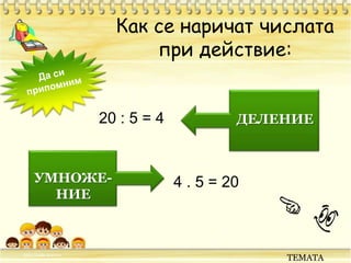 Как се наричат числата при действие:Да си припомним20 : 5 = 4ДЕЛЕНИЕУМНОЖЕ-НИЕ4 . 5 = 20ТЕМАТА