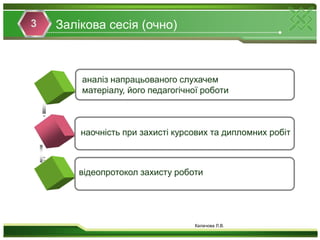 Залікова сесія (очно)3аналіз напрацьованого слухачем матеріалу, його педагогічної роботинаочність при захисті курсових та дипломних робітвідеопротокол захисту роботиКалачова Л.В.
