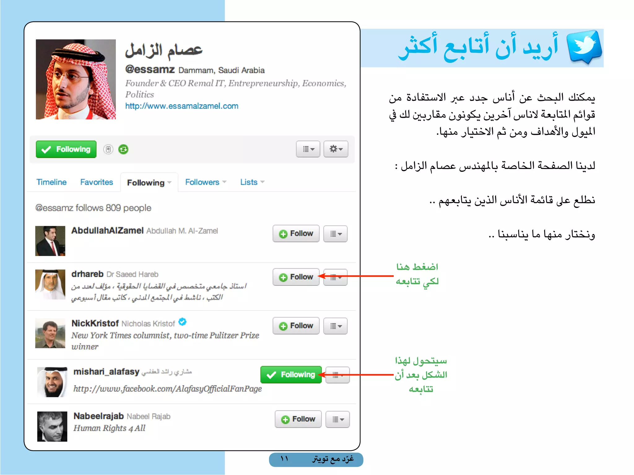 ‫أريد أن أتابع أكثر‬
                               ‫يمكنك البحث عن أناس جدد عرب االستفادة من‬
                               ‫قوائم املتابعة الناس آخرين يكونون مقاربني لك يف‬
 ‫قائمة‬                                    ‫امليول واألهداف ومن ثم االختيار منها.‬
‫املتابعة‬
                                ‫لدينا الصفحة الخاصة باملهندس عصام الزامل :‬

                                        ‫نطلع عىل قائمة األناس الذين يتابعهم ..‬

                                                      ‫ونختار منها ما يناسبنا ..‬

                                ‫اضغط هنا‬
                                ‫لكي تتابعه‬




                                ‫سيتحول لهذا‬
                                ‫الشكل بعد أن‬
                                    ‫تتابعه‬




           ‫11‬   ‫غرد مع تويرت‬
                          ‫ّ‬
 