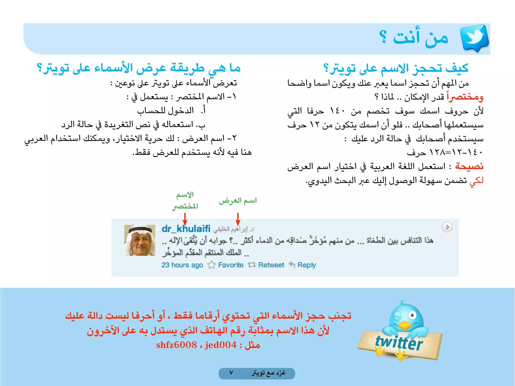 ‫من أنت ؟‬
   ‫ما هي طريقة عرض األسماء عىل تويرت؟‬                                               ‫كيف تحجز االسم عىل تويرت؟‬
                        ‫تعرض األسماء عىل تويرت عىل نوعني :‬                 ‫من املهم أن تحجز اسما يعرب عنك ويكون اسما واضحا‬
                             ‫1- االسم املخترص : يستعمل يف :‬                                       ‫ومخترصا ً قدر اإلمكان .. ملاذا ؟‬
                                 ‫أ. الدخول للحساب‬                          ‫ألن حروف اسمك سوف تخصم من 041 حرفا التي‬
          ‫ب. استعماله يف نص التغريدة يف حالة الرد‬                          ‫سيستعملها أصحابك .. فلو أن اسمك يتكون من 21 حرف‬
‫2- اسم العرض : لك حرية االختيار، ويمكنك استخدام العربي‬                                   ‫سيستخدم أصحابك يف حالة الرد عليك :‬
                               ‫هنا فيه ألنه يستخدم للعرض فقط.‬                                                ‫041-21=821 حرف‬
                                                                           ‫نصيحة : استعمل اللغة العربية يف اختيار اسم العرض‬
                                                                                ‫لكي تضمن سهولة الوصول إليك عرب البحث اليدوي.‬
                                        ‫االسم‬
                                                    ‫اسم العرض‬
                                       ‫املخترص‬




          ‫تجنب حجز األسماء التي تحتوي أرقاما فقط ، أو أحرفا ليست دالة عليك‬
               ‫ألن هذا االسم بمثابة رقم الهاتف الذي يستدل به عىل اآلخرون‬
                               ‫مثل : 400‪shfz6008 ، jed‬‬

                                                      ‫7‬     ‫غرد مع تويرت‬
                                                                      ‫ّ‬
 
