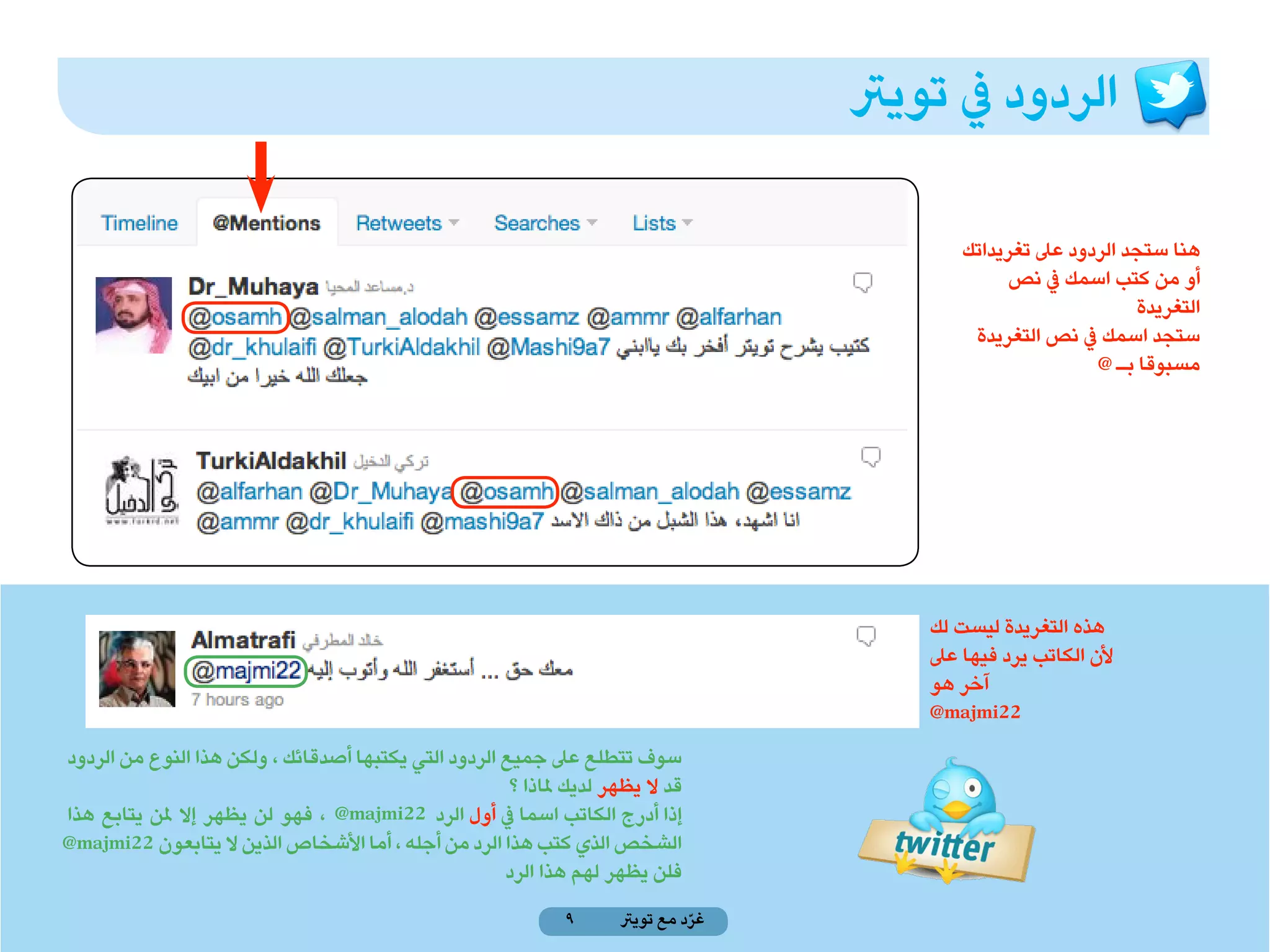 ‫الردود يف تويرت‬

                                                                                             ‫هنا ستجد الردود عىل تغريداتك‬
                                                                                                   ‫أو من كتب اسمك يف نص‬
                                                                                                                   ‫التغريدة‬
                                                                                              ‫ستجد اسمك يف نص التغريدة‬
                                                                                                             ‫مسبوقا بـ @‬




                                                                                         ‫هذه التغريدة ليست لك‬
                                                                                         ‫ألن الكاتب يرد فيها عىل‬
                                                                                         ‫آخر هو‬
                                                                                         ‫22‪@majmi‬‬
‫سوف تتطلع عىل جميع الردود التي يكتبها أصدقائك ، ولكن هذا النوع من الردود‬
                                                       ‫قد ال يظهر لديك ملاذا ؟‬
‫إذا أدرج الكاتب اسما يف أول الرد 22‪ ، @majmi‬فهو لن يظهر إال ملن يتابع هذا‬
‫الشخص الذي كتب هذا الرد من أجله ، أما األشخاص الذين ال يتابعون 22‪@majmi‬‬
                                                      ‫فلن يظهر لهم هذا الرد‬
                                                               ‫9‬      ‫غرد مع تويرت‬
                                                                                ‫ّ‬
 