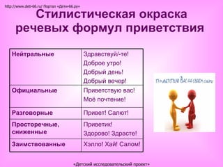 Стилистическая окраска речевых формул приветствия   http://www.deti-66.ru/ Портал «Дети-66.ру» «Детский исследовательский проект» Хэлло! Хай! Салом! Заимствованные  Приветик!  Здорово! Здрасте!  Просторечные, сниженные  Привет! Салют!  Разговорные  Приветствую вас!  Моё почтение! Официальные  Здравствуй/-те!  Доброе утро!  Добрый день!  Добрый вечер!  Нейтральные  