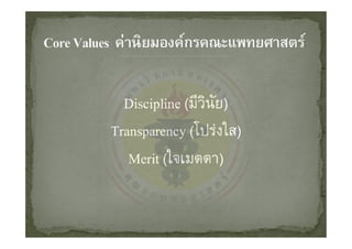Discipline (มีวินัย)
Transparency (โปรงใส)
   Merit (ใจเมตตา)
 