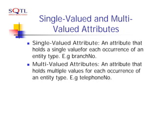Single-Valued and Multi-
         Valued Attributes
n   Single-Valued Attribute: An attribute that
    holds a single valuefor each occurrence of an
    entity type. E.g branchNo.
n   Multi-Valued Attributes: An attribute that
    holds multiple values for each occurrence of
    an entity type. E.g telephoneNo.
 