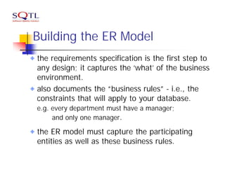 Building the ER Model
the requirements specification is the first step to
any design; it captures the ‘what’ of the business
environment.
also documents the “business rules” - i.e., the
constraints that will apply to your database.
e.g. every department must have a manager;
     and only one manager.

the ER model must capture the participating
entities as well as these business rules.
 