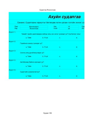 Судалгаа Янжинлхам



                                                       Ахуйн судалгаа
            Санамж: Судалгааны хариултыг бөглөхдөө латин цагаан толгойн жижиг үсгээр бичнэ.

       Овог               Ванчиндорж                       Нас               15                  Сургууль
       Нэр                Янжинлхам                        Хүйс              эм                  Анги бүлэг

Асуулт 1:
                Чамайг гэрийн даалгавараа хийхэд чинь хэн нэгэн тусалдаг уу? /гэр бүлээс чинь/

                     a. Тийм                 b. Үгүй              c.                    d.

Асуулт 2:
              Гэрийнхээ ажилд тусалдаг уу?

                     a. Тийм                 b. Үгүй              c.                    d.

Асуулт 3:
              Сонгон,секц,дугуйланд явдаг уу?

                     a. Тийм                 b. Үгүй              c.                    d. 

Асуулт 4:
              Автобусаар байнга зорчидог уу?

                     a. Тийм                 b. Үгүй              c.                    d. 

Асуулт 5:
              Сурагчийн үнэмлэхтэй юу?

                     a. Тийм                 b. Үгүй              c.                    d. 




                                              Хуудас 109
 