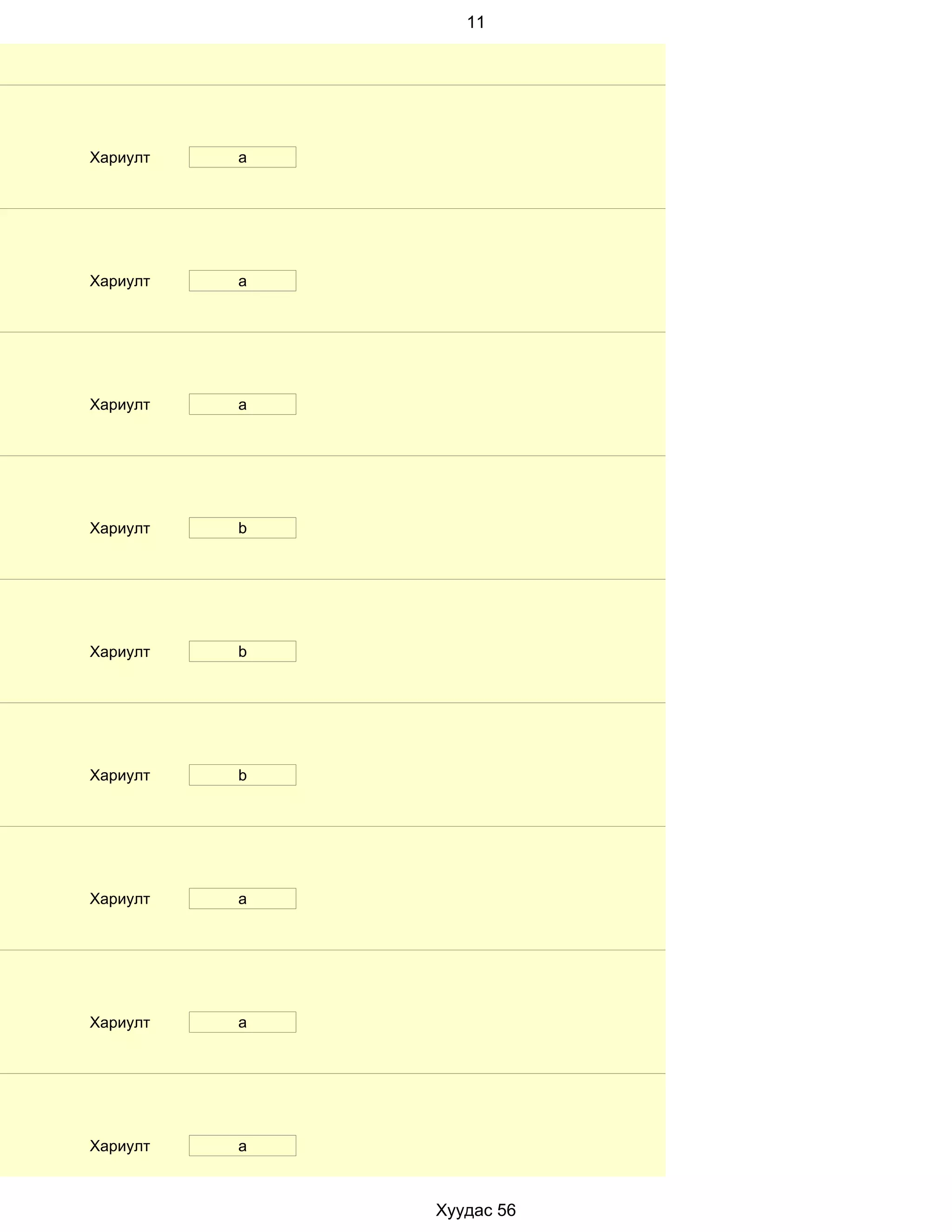 11




Хариулт   a




Хариулт   a




Хариулт   a




Хариулт   b




Хариулт   b




Хариулт   b




Хариулт   a




Хариулт   a




Хариулт   a



              Хуудас 56
 