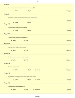 15
Асуулт 8:

       Ярьсан зүйл тодорхойгүй ойлгомжгүй байсан эсхийг лавладаг үү        уу

                     a. Тийм                              b. Үгүй                          Хариулт

Асуулт 9:

       Сонсож байгаа хүнийхээ сэтгэдлийг мэдэх зорилгоор тодруулах асуулт тавьдаг уу?



                                                                                           Хариулт
                     a. Тийм                              b. Үгүй
Асуулт 10:

       Та харилцагчийнхаа үзэл бодлыг эсэргүүцэл няцаадаг.



                     a. Тийм                              b. Үгүй                          Хариулт

Асуулт 11:

       Та харилцагчийнхаа үзэл бодлыг эсэргүүцэж няцдаг уу?



               a. Тийм                            b. Үгүй                                  Хариулт

Асуулт 12:

       Өөрийн үзэл бодлыг бусдад тулгахыг эрмэлздэг үү?



               a. Тийм                            b. Үгүй                                  Хариулт

Асуулт 13:

       Та албаны мэргэжлийн үг хэллэг тогтмол хэрэглэгддэг үү?



               a. Тийм                            b. Үгүй                                  Хариулт

Асуулт 14:

       Та эелдэг, найрсаг ярьдаг уу?



                     a. Тийм                              b. Үгүй               с. хаяаа   Хариулт

Асуулт 15:

       Ярьж байгаа зүйл бусдад ямархуу сэтгэгдэл төрүүлж байгааг анзаарч чаддаг уу?



                     a. Тийм                              b. Үгүй               с. хаяаа   Хариулт

Асуулт 16:

       Та ярихдаа бодож, үг хэллэгээ цэнж ярьдаг уу?



               a. Тийм                            b. Үгүй                  с, Заримдаа     Хариулт




                                                                                Хуудас 6
 