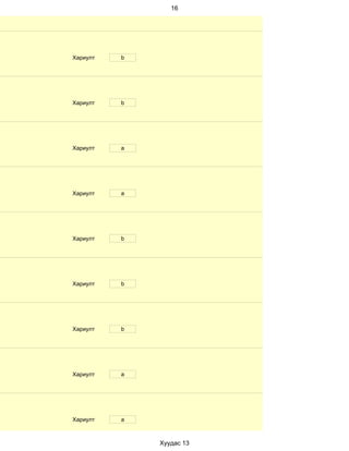 16




Хариулт   b




Хариулт   b




Хариулт   a




Хариулт   a




Хариулт   b




Хариулт   b




Хариулт   b




Хариулт   a




Хариулт   a



              Хуудас 13
 