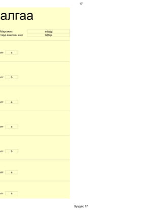 17




далгаа
 Мэргэжил           srtjsjgj
 төрд ажилсан жил   tstjtsjs




улт     a




улт     b




улт     a




улт     a




улт     b




улт     a




улт     a



                               Хуудас 17
 