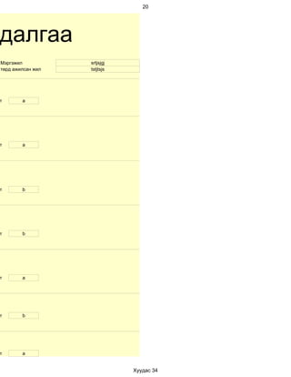 20




далгаа
Мэргэжил           srtjsjgj
төрд ажилсан жил   tstjtsjs




т       a




т       а




т       b




т       b




т       а




т       b




т       a


                              Хуудас 34
 