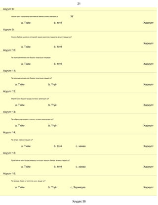 21
Асуулт 8:

      Ярьсан зүйл тодорхойгүй ойлгомжгүй байсан эсхийг лавладаг үү                   уу

                   a. Тийм                                      b. Үгүй                              Хариулт

Асуулт 9:

      Сонсож байгаа хүнийхээ сэтгэдлийг мэдэх зорилгоор тодруулах асуулт тавьдаг уу?



                                                                                                     Хариулт
                   a. Тийм                                      b. Үгүй
Асуулт 10:

      Та харилцагчийнхаа үзэл бодлыг эсэргүүцэл няцаадаг.



                   a. Тийм                                      b. Үгүй                              Хариулт

Асуулт 11:

      Та харилцагчийнхаа үзэл бодлыг эсэргүүцэж няцдаг уу?



            a. Тийм                                   b. Үгүй                                        Хариулт

Асуулт 12:

      Өөрийн үзэл бодлыг бусдад тулгахыг эрмэлздэг үү?



            a. Тийм                                   b. Үгүй                                        Хариулт

Асуулт 13:

      Та албаны мэргэжлийн үг хэллэг тогтмол хэрэглэгддэг үү?



            a. Тийм                                   b. Үгүй                                        Хариулт

Асуулт 14:

      Та эелдэг, найрсаг ярьдаг уу?



                   a. Тийм                                      b. Үгүй                   с. хаяаа   Хариулт

Асуулт 15:

      Ярьж байгаа зүйл бусдад ямархуу сэтгэгдэл төрүүлж байгааг анзаарч чаддаг уу?



                   a. Тийм                                      b. Үгүй                   с. хаяаа   Хариулт

Асуулт 16:

      Та ярихдаа бодож, үг хэллэгээ цэнж ярьдаг уу?



            a. Тийм                                   b. Үгүй                        с, Заримдаа     Хариулт




                                                                                       Хуудас 38
 