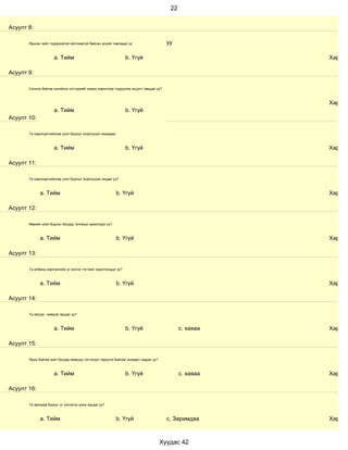 22


Асуулт 8:

       Ярьсан зүйл тодорхойгүй ойлгомжгүй байсан эсхийг лавладаг үү                     уу

                      a. Тийм                                    b. Үгүй                                 Хариул

Асуулт 9:

       Сонсож байгаа хүнийхээ сэтгэдлийг мэдэх зорилгоор тодруулах асуулт тавьдаг уу?



                                                                                                         Хариул
                      a. Тийм                                    b. Үгүй
Асуулт 10:

       Та харилцагчийнхаа үзэл бодлыг эсэргүүцэл няцаадаг.



                      a. Тийм                                    b. Үгүй                                 Хариул

Асуулт 11:

       Та харилцагчийнхаа үзэл бодлыг эсэргүүцэж няцдаг уу?



             a. Тийм                                      b. Үгүй                                        Хариул

Асуулт 12:

       Өөрийн үзэл бодлыг бусдад тулгахыг эрмэлздэг үү?



             a. Тийм                                      b. Үгүй                                        Хариул

Асуулт 13:

       Та албаны мэргэжлийн үг хэллэг тогтмол хэрэглэгддэг үү?



             a. Тийм                                      b. Үгүй                                        Хариул

Асуулт 14:

       Та эелдэг, найрсаг ярьдаг уу?



                      a. Тийм                                    b. Үгүй                      с. хаяаа   Хариул

Асуулт 15:

       Ярьж байгаа зүйл бусдад ямархуу сэтгэгдэл төрүүлж байгааг анзаарч чаддаг уу?



                      a. Тийм                                    b. Үгүй                      с. хаяаа   Хариул

Асуулт 16:

       Та ярихдаа бодож, үг хэллэгээ цэнж ярьдаг уу?



             a. Тийм                                      b. Үгүй                       с, Заримдаа      Хариул



                                                                                      Хуудас 42
 