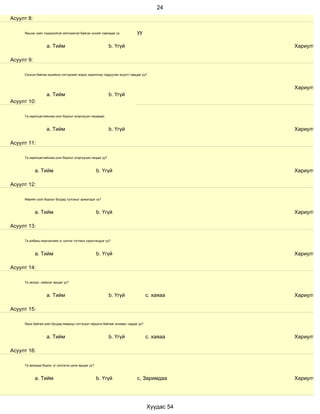 24
Асуулт 8:

     Ярьсан зүйл тодорхойгүй ойлгомжгүй байсан эсхийг лавладаг үү            уу

                   a. Тийм                                  b. Үгүй                             Хариулт

Асуулт 9:

     Сонсож байгаа хүнийхээ сэтгэдлийг мэдэх зорилгоор тодруулах асуулт тавьдаг уу?



                                                                                                Хариулт
                   a. Тийм                                  b. Үгүй
Асуулт 10:

     Та харилцагчийнхаа үзэл бодлыг эсэргүүцэл няцаадаг.



                   a. Тийм                                  b. Үгүй                             Хариулт

Асуулт 11:

     Та харилцагчийнхаа үзэл бодлыг эсэргүүцэж няцдаг уу?



            a. Тийм                                  b. Үгүй                                    Хариулт

Асуулт 12:

     Өөрийн үзэл бодлыг бусдад тулгахыг эрмэлздэг үү?



            a. Тийм                                  b. Үгүй                                    Хариулт

Асуулт 13:

     Та албаны мэргэжлийн үг хэллэг тогтмол хэрэглэгддэг үү?



            a. Тийм                                  b. Үгүй                                    Хариулт

Асуулт 14:

     Та эелдэг, найрсаг ярьдаг уу?



                   a. Тийм                                  b. Үгүй                 с. хаяаа    Хариулт

Асуулт 15:

     Ярьж байгаа зүйл бусдад ямархуу сэтгэгдэл төрүүлж байгааг анзаарч чаддаг уу?



                   a. Тийм                                  b. Үгүй                 с. хаяаа    Хариулт

Асуулт 16:

     Та ярихдаа бодож, үг хэллэгээ цэнж ярьдаг уу?



            a. Тийм                                  b. Үгүй                 с, Заримдаа        Хариулт




                                                                                    Хуудас 54
 