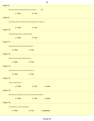 25
Асуулт 8:

       Ярьсан зүйл тодорхойгүй ойлгомжгүй байсан эсхийг лавладаг үү          уу

                      a. Тийм                                b. Үгүй

Асуулт 9:

       Сонсож байгаа хүнийхээ сэтгэдлийг мэдэх зорилгоор тодруулах асуулт тавьдаг уу?




                      a. Тийм                                b. Үгүй
Асуулт 10:

       Та харилцагчийнхаа үзэл бодлыг эсэргүүцэл няцаадаг.



                      a. Тийм                                b. Үгүй

Асуулт 11:

       Та харилцагчийнхаа үзэл бодлыг эсэргүүцэж няцдаг уу?



              a. Тийм                              b. Үгүй

Асуулт 12:

       Өөрийн үзэл бодлыг бусдад тулгахыг эрмэлздэг үү?



              a. Тийм                              b. Үгүй

Асуулт 13:

       Та албаны мэргэжлийн үг хэллэг тогтмол хэрэглэгддэг үү?



              a. Тийм                              b. Үгүй

Асуулт 14:

       Та эелдэг, найрсаг ярьдаг уу?



                      a. Тийм                                b. Үгүй                  с. хаяаа

Асуулт 15:

       Ярьж байгаа зүйл бусдад ямархуу сэтгэгдэл төрүүлж байгааг анзаарч чаддаг уу?



                      a. Тийм                                b. Үгүй                  с. хаяаа

Асуулт 16:

       Та ярихдаа бодож, үг хэллэгээ цэнж ярьдаг уу?



              a. Тийм                              b. Үгүй                   с, Заримдаа




                                                                                  Хуудас 58
 