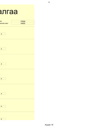 5




алгаа
 ил          srtjsjgj
жилсан жил   tstjtsjs




 a




 а




 a




 b




 а




 b




 b


                        Хуудас 18
 