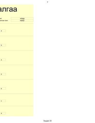 7




алгаа
 ил          srtjsjgj
жилсан жил   tstjtsjs




 a




 b




 a




 b




 b




  с




 a



                        Хуудас 33
 