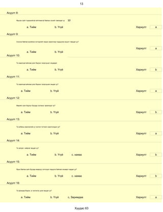 13


Асуулт 8:

       Ярьсан зүйл тодорхойгүй ойлгомжгүй байсан эсхийг лавладаг үү    уу

                    a. Тийм                            b. Үгүй                               Хариулт   a

Асуулт 9:

       Сонсож байгаа хүнийхээ сэтгэдлийг мэдэх зорилгоор тодруулах асуулт тавьдаг уу?



                                                                                             Хариулт   a
                    a. Тийм                            b. Үгүй
Асуулт 10:

       Та харилцагчийнхаа үзэл бодлыг эсэргүүцэл няцаадаг.



                    a. Тийм                            b. Үгүй                               Хариулт   b

Асуулт 11:

       Та харилцагчийнхаа үзэл бодлыг эсэргүүцэж няцдаг уу?



             a. Тийм                              b. Үгүй                                    Хариулт   a

Асуулт 12:

       Өөрийн үзэл бодлыг бусдад тулгахыг эрмэлздэг үү?



             a. Тийм                              b. Үгүй                                    Хариулт   b

Асуулт 13:

       Та албаны мэргэжлийн үг хэллэг тогтмол хэрэглэгддэг үү?



             a. Тийм                              b. Үгүй                                    Хариулт   a

Асуулт 14:

       Та эелдэг, найрсаг ярьдаг уу?



                    a. Тийм                            b. Үгүй              с. хаяаа         Хариулт   b

Асуулт 15:

       Ярьж байгаа зүйл бусдад ямархуу сэтгэгдэл төрүүлж байгааг анзаарч чаддаг уу?



                    a. Тийм                            b. Үгүй              с. хаяаа         Хариулт   b

Асуулт 16:

       Та ярихдаа бодож, үг хэллэгээ цэнж ярьдаг уу?



             a. Тийм                              b. Үгүй              с, Заримдаа           Хариулт   a



                                                                                Хуудас 63
 