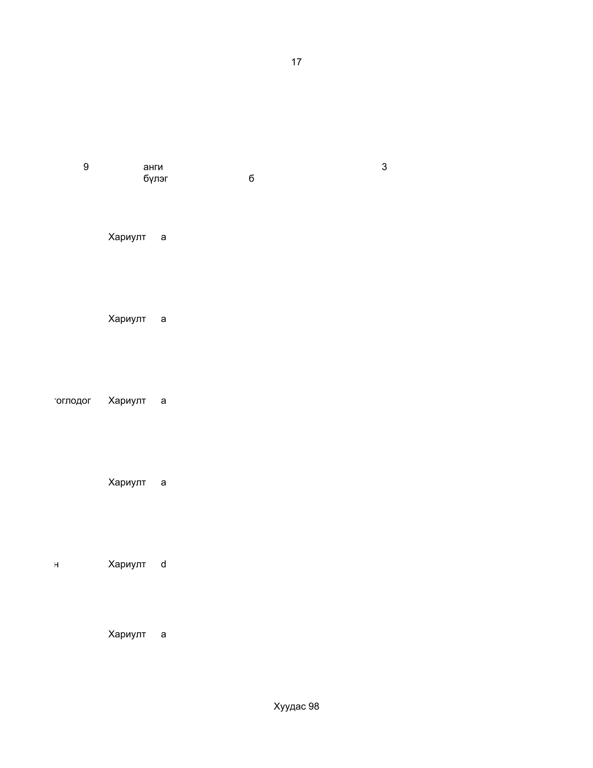 17




                9          анги                    3
                           бүлэг   б




                     Хариулт   а




                     Хариулт   a




d.Тоглоом тоглодог   Хариулт   a




                     Хариулт   а




d. Маш сайн          Хариулт   d




                     Хариулт   а




                                       Хуудас 98
 