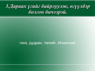 3.Дараах үгийг байрлуулж, өгүүлбэр болгон бичээрэй. гэнэ, дудран, төлийг, Илжигний 