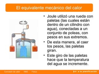 Joule utilizó una rueda con paletas (las cuales están dentro de un cilindro con agua), conectadas a un conjunto de poleas, con pesos en sus extremos. De esta manera, al caer los pesos, las paletas giran. Este giro de las paletas hace que la temperatura del agua se incremente. El equivalente mecánico del calor 