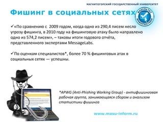 МАГНИТОГОРСКИЙ ГОСУДАРСТВЕННЫЙ УНИВЕРСИТЕТ



Фишинг в социальных сетях
«По сравнению с 2009 годом, когда одно из 290,4 писем несло
угрозу фишинга, в 2010 году на фишинговую атаку было направлено
одно из 574,2 писем», – таковы итоги годового отчёта,
представленного экспертами MessageLabs.

По оценкам специалистов*, более 70 % фишинговых атак в
социальных сетях — успешны.




                       *APWG (Anti-Phishing Working Group) - антифишинговая
                       рабочая группа, занимающаяся сбором и анализом
                       статистики фишинга

                                         www.masu-inform.ru
 