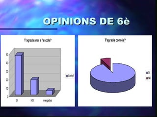 OPINIONS DE 6è
          T'agrada anar a l'escola?            T'agrada com és?


50

40

30                                                                SI
                                      Serie1
                                                                  NO
20

10

0
     SI        NO          Avegades
 