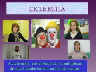 CICLE MITJÀ




A cicle mitjà ens ensenyaven a multiplicar i
 dividir. I també teníem molts més deures.
 