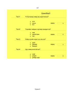 ху3



                                     Хувилбар3
Тест1   Үг бүтээхэд чамд юу хэрэгтэй вэ?


              а.   үсэг
              б.   ширээ                         хариу   а
              в.   бал


Тест2   Гэрлийн чийдэнг юугаар асаадаг вэ?

              а.   лаа
              б.   цахилгаан                     хариу   б
              в.   гал

Тест3   Хойд зүгийн эсрэг зүг аль вэ?

              а.   зүүн
              б.   Өмнөд                         хариу   а
              в.   баруун

Тест4   Цус ямар өнгөтэй вэ?


              а.   шар
              б.   улаан                         хариу   б
              в.   улбар шар




                          Хуудас 8
 