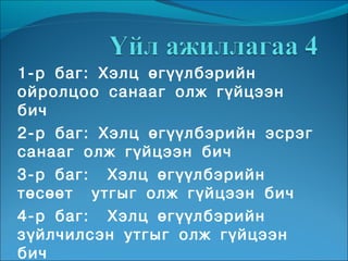 1-р баг: Хэлц өгүүлбэрийн
ойролцоо санааг олж гүйцээн
бич
2-р баг: Хэлц өгүүлбэрийн эсрэг
санааг олж гүйцээн бич
3-р баг: Хэлц өгүүлбэрийн
төсөөт утгыг олж гүйцээн бич
4-р баг: Хэлц өгүүлбэрийн
зүйлчилсэн утгыг олж гүйцээн
бич
 