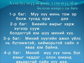 1-р баг: Муу хүү минь том эр
      болж тусад орж      дээ
   2-р баг: Биеийн амрыг харж
     зүгээр сууж
   болдоггүй юм шүү миний хүү.
3-р баг: Миний хүүгийн ажил үйлс
 нь бүтэмжтэй, хийморьтой сайн л
          яваа юм байна.
4-р баг: Миний муу хүү чинь бүх
     юмыг чаддаг , олон юманд
      авьяастай сайн хүү дээ.
 