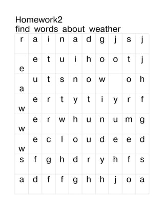 Homework2
find words about weather
  r a i n a d g j s                 j

    e   t   u   i   h o o       t   j
e
    u   t   s   n o w           o h
a
    e   r   t   y   t   i   y   r   f
w
    e   r   w h u n u m g
w
    e c     l   o u d e e d
w
s   f   g h d       r   y   h   f   s

a   d   f   f   g h h       j   o a
 