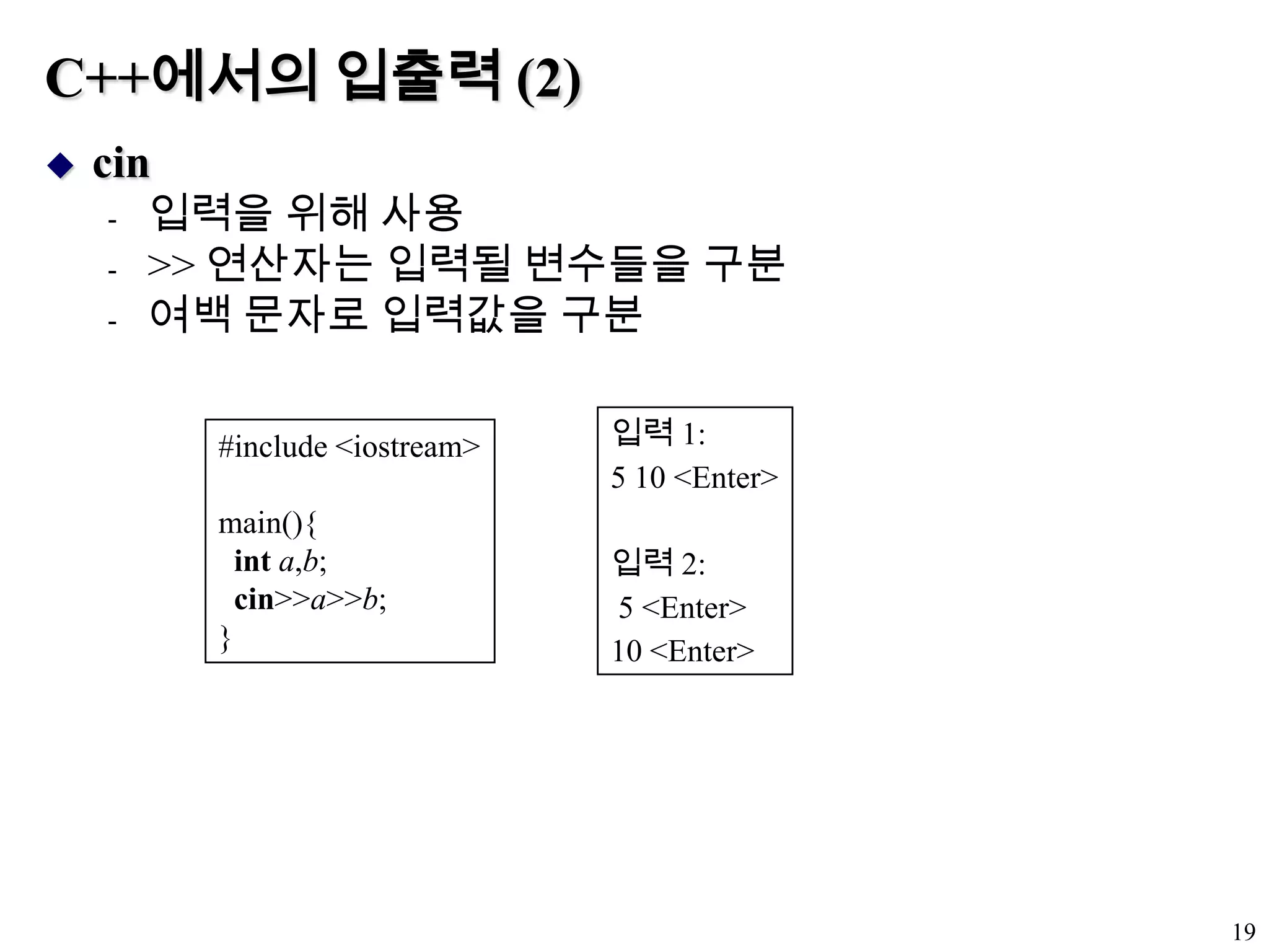 C++에서의 입출력 (2)cin입력을 위해 사용>> 연산자는 입력될 변수들을 구분여백 문자로 입력값을 구분19입력 1:5 10 <Enter>입력 2: 5 <Enter>10 <Enter>#include <iostream>main(){inta,b;cin>>a>>b;}