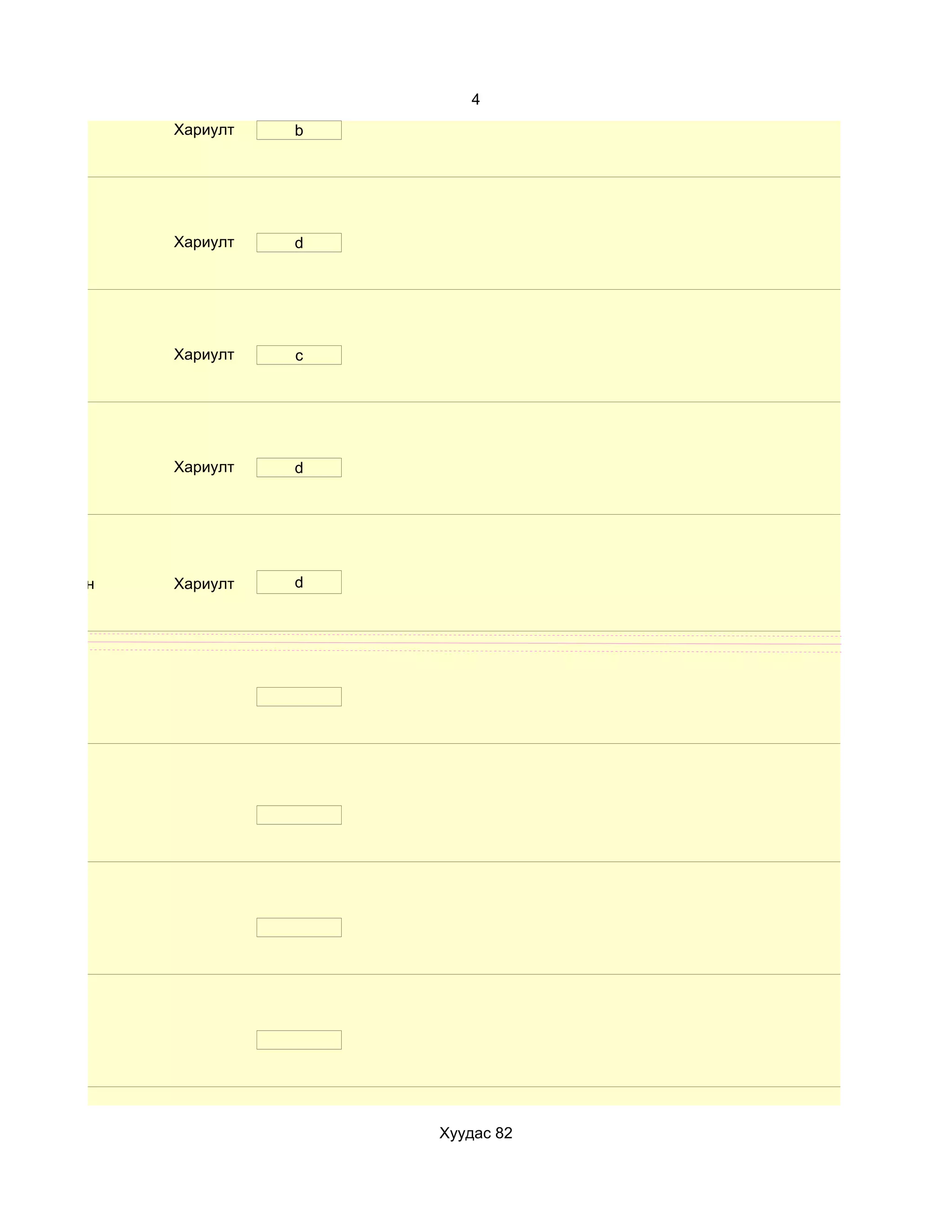 4
              Хариулт   b




              Хариулт   d




              Хариулт   c




              Хариулт   d




d. Маш сайн   Хариулт   d




                            Хуудас 82
 