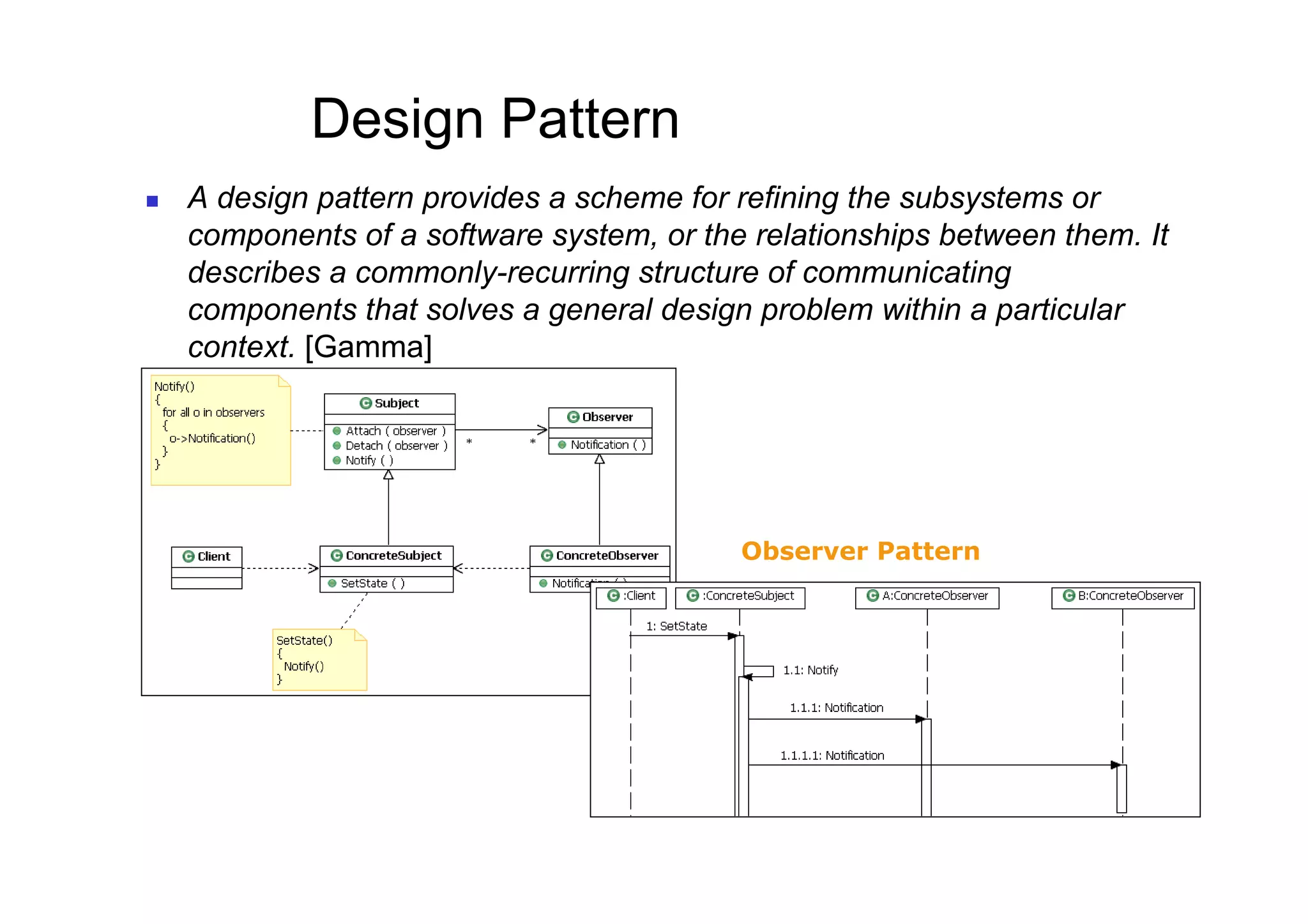 Design Pattern
    A design pattern provides a scheme for refining the subsystems or
     components of a software system, or the relationships between them. It
     describes a commonly-recurring structure of communicating
     components that solves a general design problem within a particular
     context. [Gamma]




                                            Observer Pattern
 