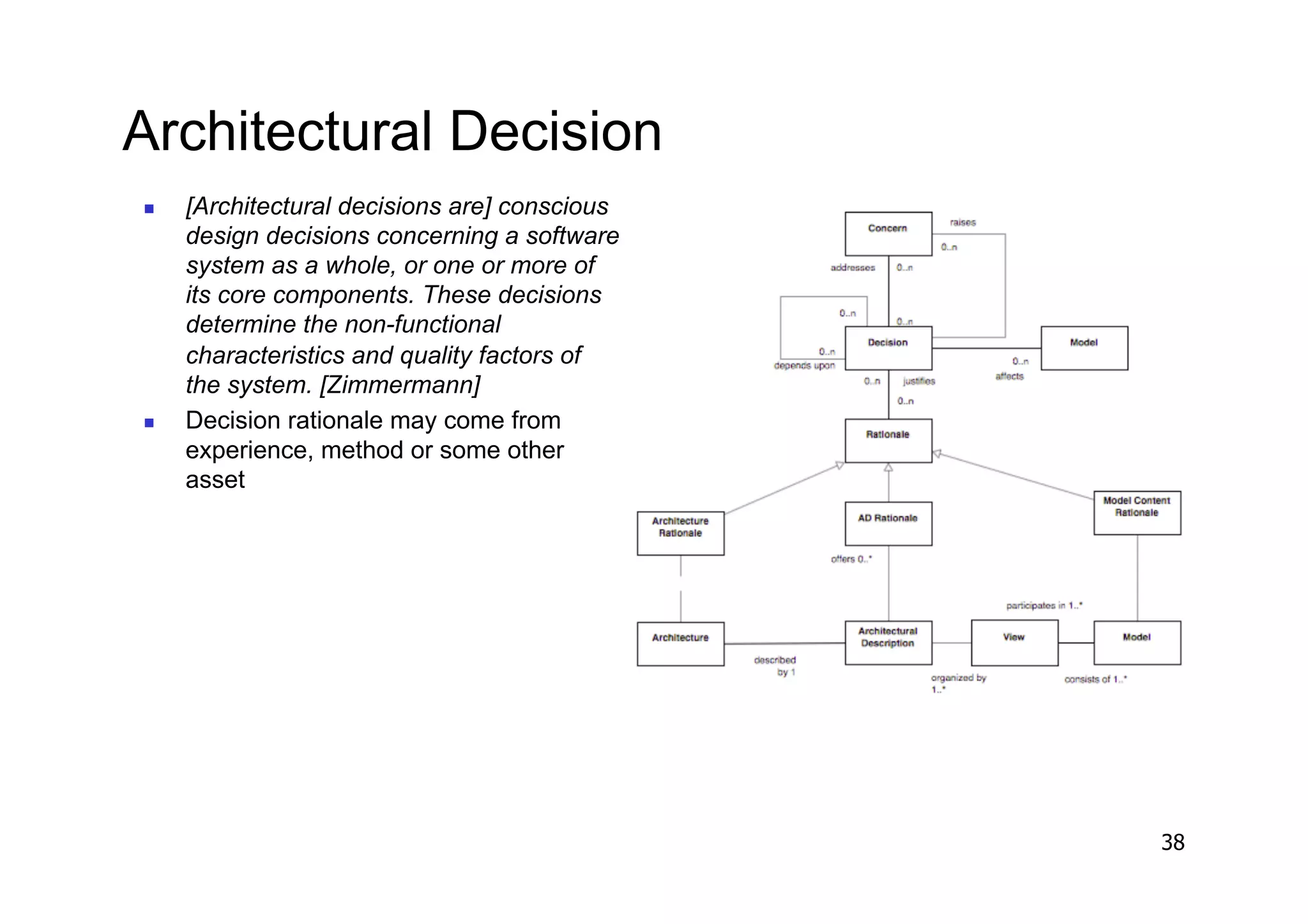 Architectural Decision
    [Architectural decisions are] conscious
     design decisions concerning a software
     system as a whole, or one or more of
     its core components. These decisions
     determine the non-functional
     characteristics and quality factors of
     the system. [Zimmermann]
    Decision rationale may come from
     experience, method or some other
     asset




                                               38
 